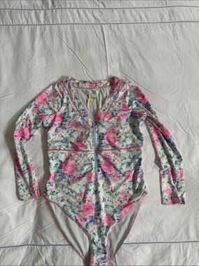 Womens LoveShackFancy  Floral Long-Sleeve One-Piece Swimsuit - Pink Floral L